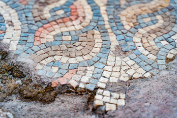 Fototapeta premium Ancient Roman Mosaic Floor with Geometric Decorative Pattern at Syedra Archaeological Site, Turkey