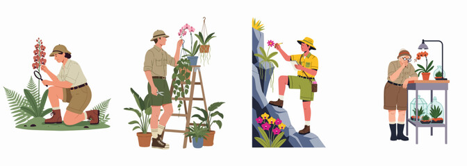 Fototapeta premium Set of illustrations featuring botanists and plant enthusiasts studying, caring for, and discovering diverse plants in wild and domestic environments.