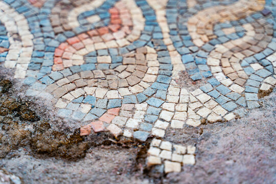 Ancient Roman Mosaic Floor with Geometric Decorative Pattern at Syedra Archaeological Site, Turkey