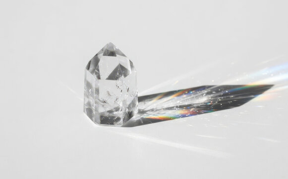 Clear quartz crystal point casting a rainbow light refraction shadow on a white background representing healing and clarity