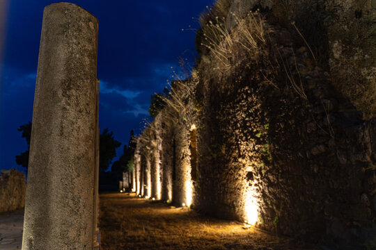 Illuminated Ancient Columns at Syedra Archaeological Site, Turkey