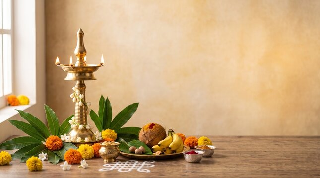 Traditional Indian Pooja Lamp with Fruits and Flowers for Religious Ceremony