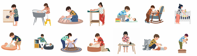 Fototapeta premium A diverse collection of flat vector illustrations showing young siblings helping to care for a newborn baby through various daily routines and activities.