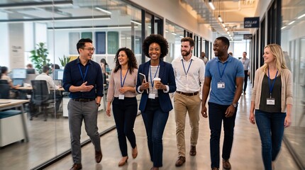 Fototapeta premium Diverse group of professionals walking and collaborating in a modern office hallway, discussing work and technology