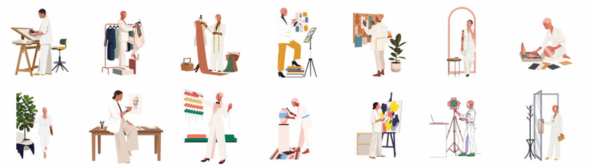 Fototapeta premium Collection of fashion industry professionals including designers, photographers, and tailors working in various studio settings, isolated on a white background.