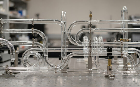 Complex glass laboratory plumbing apparatus with liquid flow on optical breadboard for scientific research