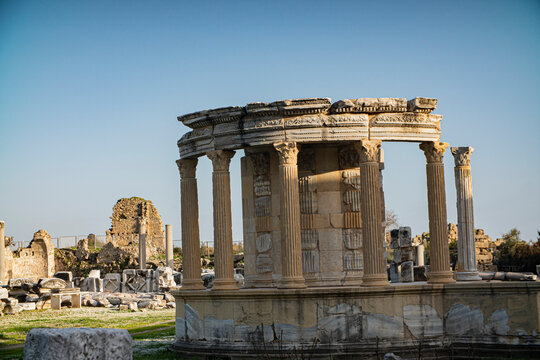 Well-preserved ancient Roman circular monument with Corinthian columns at Side agora archaeological site in Turkey