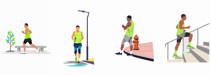 Fototapeta premium Set of flat vector illustrations of a man in bright athletic wear running, checking his watch, and climbing stairs in various urban locations.