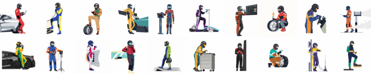 Obraz premium Comprehensive collection of twenty diverse pit crew members and mechanics in colorful racing gear and helmets, posing with equipment on white backgrounds.