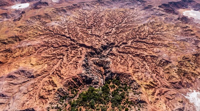 Aerial abstract view of fractal river network in desert landscape