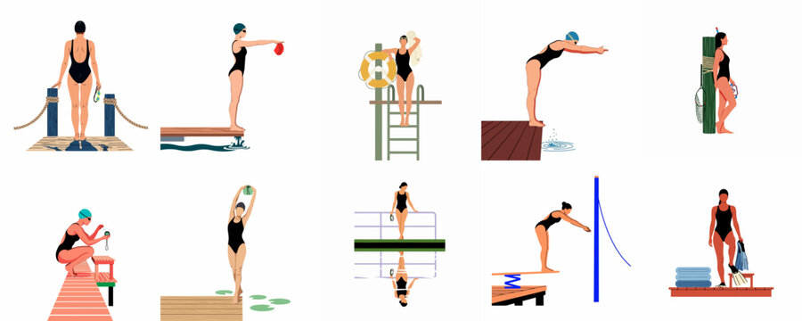 Vector illustration set of a female swimmer in a black swimsuit engaging in various pool activities, diving, and stretching on a white background.