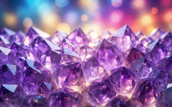 Sparkling amethyst crystal cluster background with glowing bokeh lights for elegant jewelry design and spiritual wellness concepts