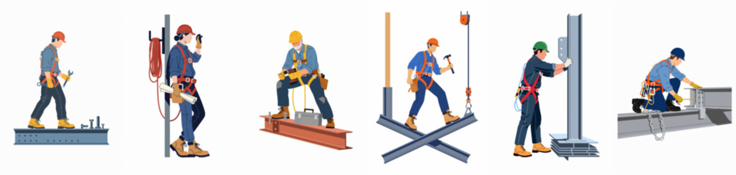 Set of construction worker illustrations depicting professionals wearing safety gear while working on structural steel beams against a white background.