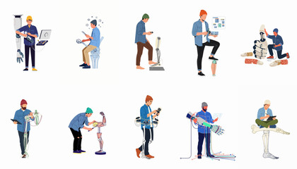 Fototapeta premium Collection of illustrations featuring people engineering, assembling, and controlling various robotic arms, prosthetic limbs, and advanced bionic technology on white background.