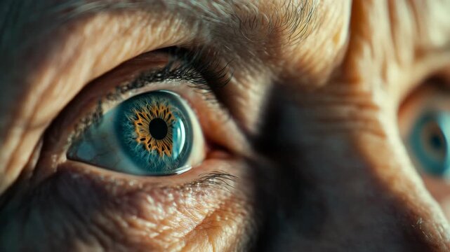 Close-up of elderly human eye with blue iris and wrinkles. Detailed view of eye's texture and natural expression. Eye reflects light, showing depth and emotion. Focus on eyelid, skin creases