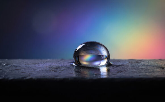 Macro photograph of a single translucent water drop resting on a wet dark surface featuring vibrant colorful bokeh background refraction