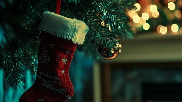 Brightly lit Christmas tree with a festive red and white stocking hanging on it. Perfect holiday decoration for the holidays.
