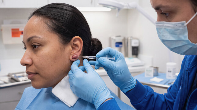 Doctor treating earlobe keloid with steroid injection in medical clinic