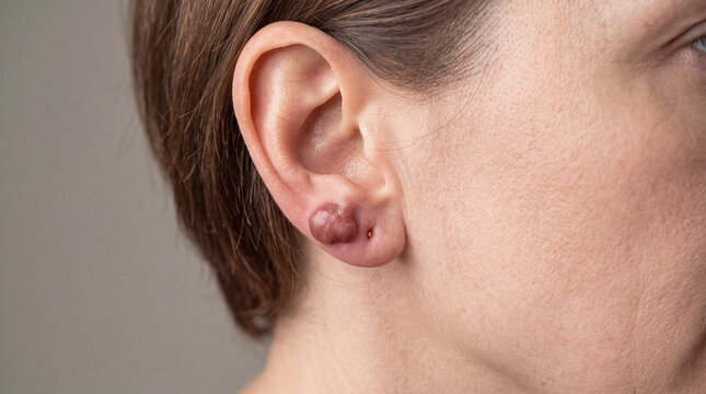 Ear keloid close up on woman earlobe showing hypertrophic scar and piercing complication