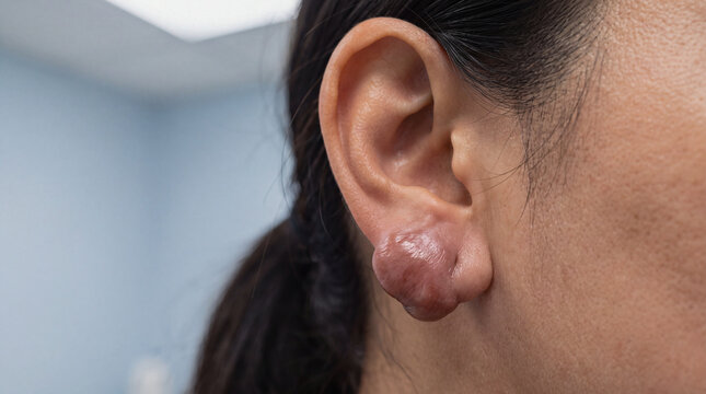 Ear keloid close up on woman earlobe showing hypertrophic scar tissue after piercing