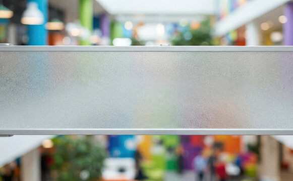 Frosted glass panel mockup with blurred colorful interior background in modern public building for advertising design and corporate signage