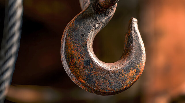 Massive forged steel lifting hook with heavy rust in industrial macro close-up