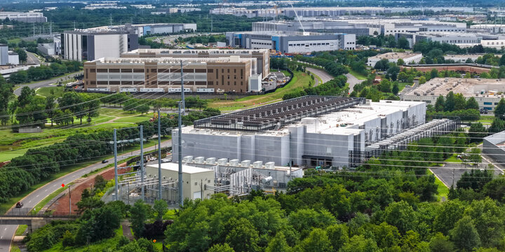 Aerial view of large data center and technology park in Virginia