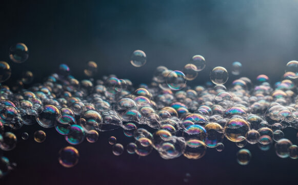 Abstract soap bubbles floating against a dark background representing fragility and air chemistry concepts for scientific designs