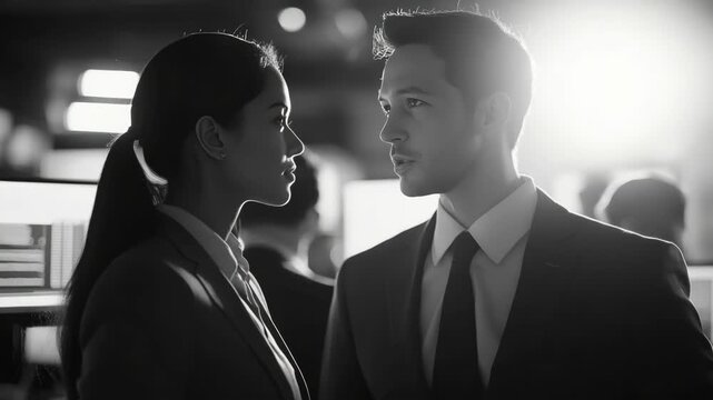 Two individuals dressed professionally engaged in a discussion.