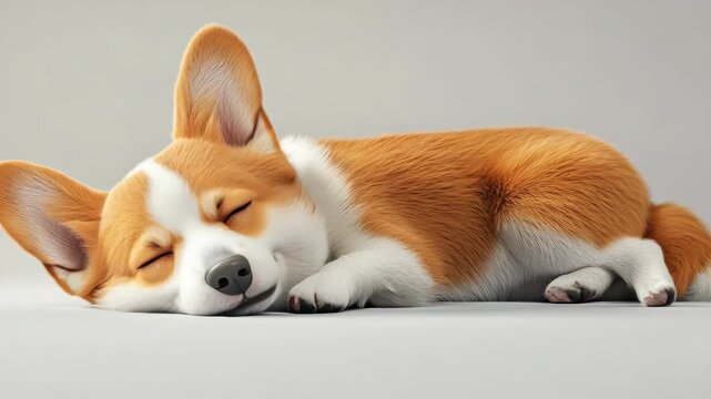 Corgi puppy sleeps peacefully on a plain surface. Soft fur highlights its calm, contented expression. Ears perk slightly, eyes gently closed. Simple background emphasizes the puppy's serene pose