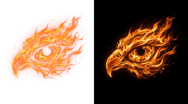 Fiery eagle eye logo, phoenix fire bird head, flaming hawk profile on black and white