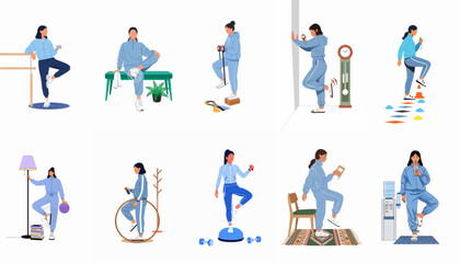 Fototapeta premium Collection of flat vector illustrations showing women practicing balance and coordination exercises in various everyday home settings.