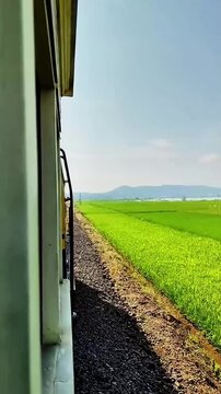 Salatiga, Central Java, Indonesia - May 29 2025: 1080p 60fps travel video heading to Rawa Pening, featuring lush green rice fields captured from a moving train. High quality.