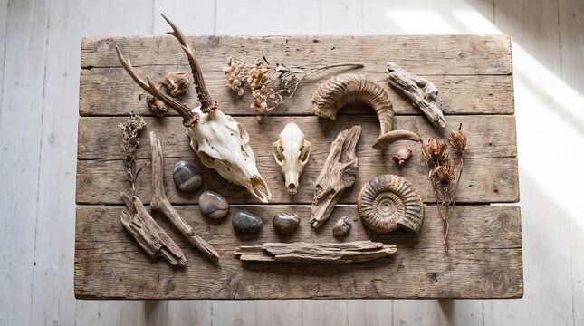 A collection of natural curiosities, including animal skulls, fossilized shells, smooth stones, and weathered driftwood, is artfully arranged on a rustic wooden surface.