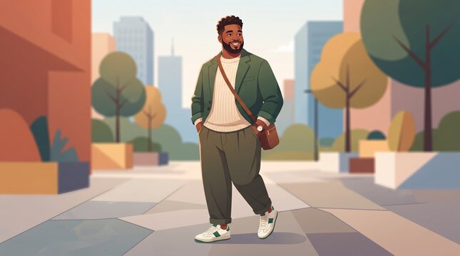 Confident African American man walking on city sidewalk in stylish casual outfit illustration