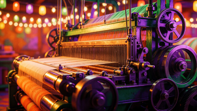Intricate vintage textile weaving loom operating in a colorful workshop with magical ambient bokeh lighting for traditional craftsmanship and manufacturing concept