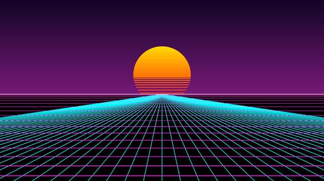 Vibrant 80s synthwave horizon with infinite glowing perspective grid, embodying retro-futuristic digital landscape and retrowave aesthetics