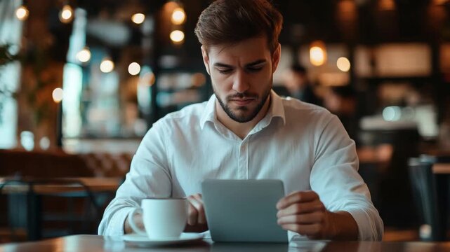Businessman looking at digital screen with coffee drink nearby. Modern technology and casual setting.