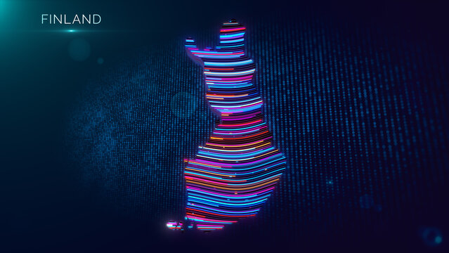 Vibrant Finland map featuring luminous 3D contours, flowing multicolor lines, blue particle grids, atmospheric effects, and visible Finland text for a modern futuristic technology composition.