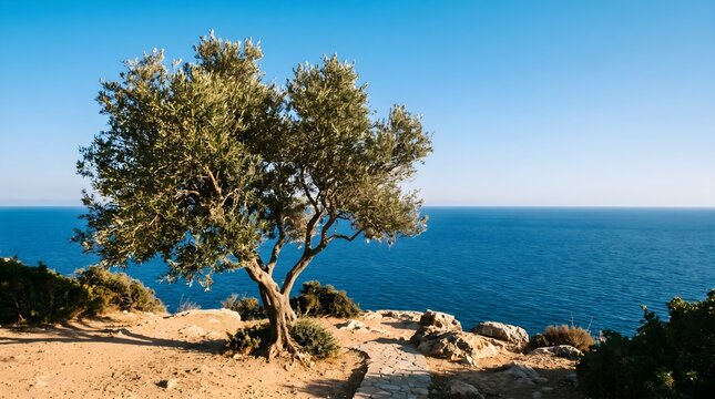 Lone olive tree growing on rocky mediterranean cliff overlooking blue sea