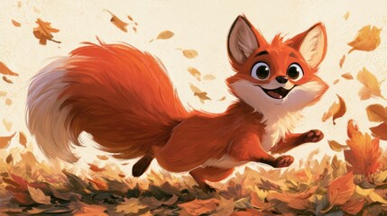 Naklejka premium A bouncy fox with big eyes runs joyfully through a pile of fall leaves. The setting is lively and filled with vibrant colors.