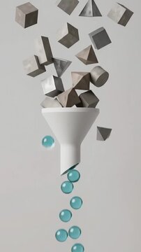 Motion graphics of stone blocks falling into a funnel and emerging as blue glass spheres.