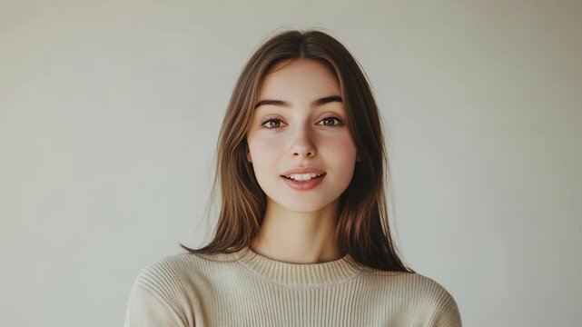 Young woman smiles gently at camera. Soft lighting highlights her natural beauty. Neutral background keeps focus on her expression. Warm tones enhance her friendly demeanor