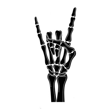 Hand rock skeleton silhouette vector, silhouette rock hand sign image, silhouette rock hand skull symbol illustration,rock hand skeleton sign on black vector,rock hand skull finger silhouette icon