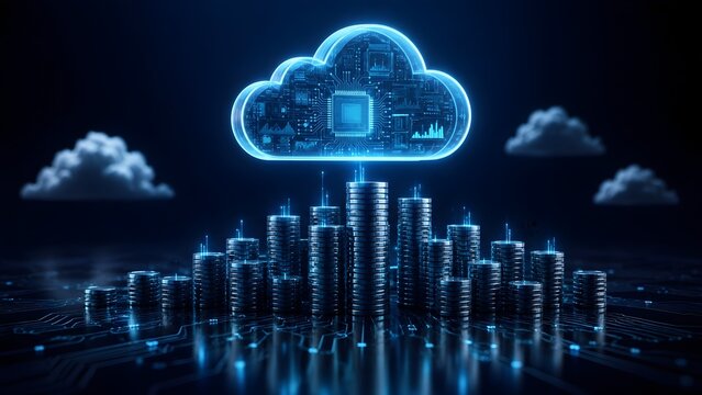 Futuristic glowing blue cloud hologram with microchip hovering over a vast city made of silver coin stacks on a circuit board, representing digital economy and cloud infrastructure.