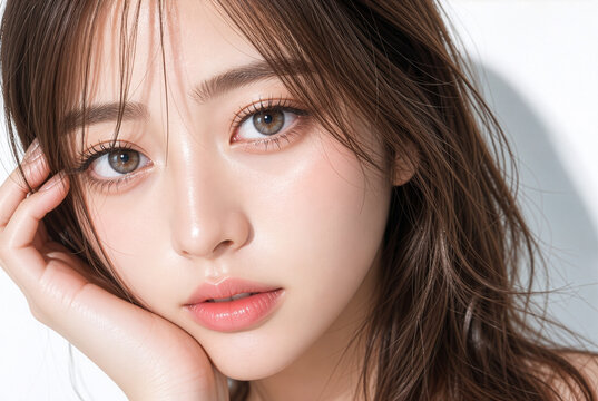 手を頬に添えるブラウンヘアの日本人女性、透き通るような肌と印象的な瞳のクローズアップ
