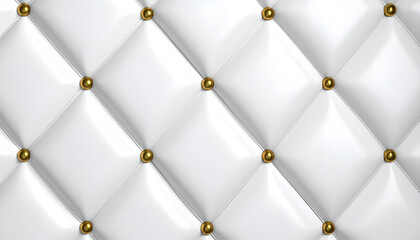 Naklejka premium Close-up of a luxurious quilted white surface, showcasing diamond pattern with golden button accents. The high-gloss finish reflects light
