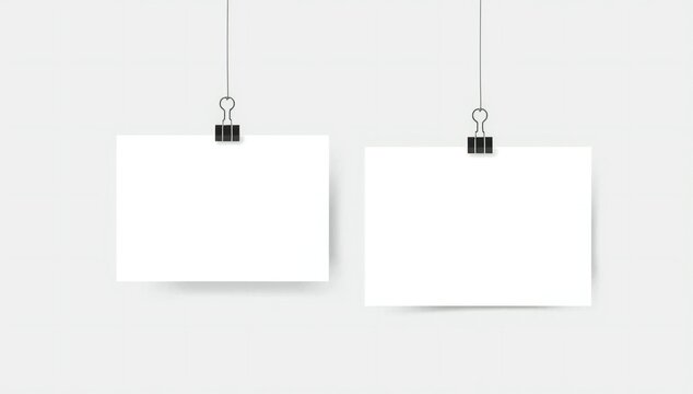 Two empty rectangular paper cards hanging from black binder clips
