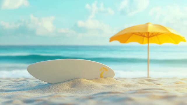 Beach scene with surfboard and umbrella.