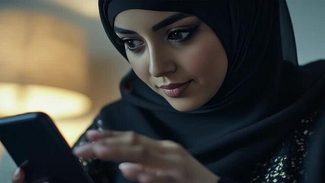 Woman in hijab using a smartphone with captivating expression.